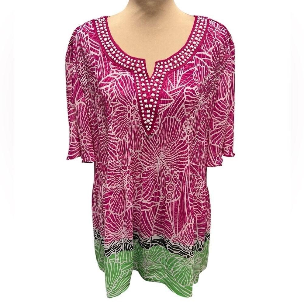 Catherines Beaded Crinkle TunicFlutter Sleeve Blouse Women’s Plus Petite Sz 2XWP
